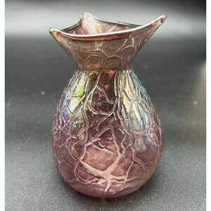 Read Studios 2000 Hand Blown Art Crinkle Glass Vase Plum Iridescent 4.25" signed